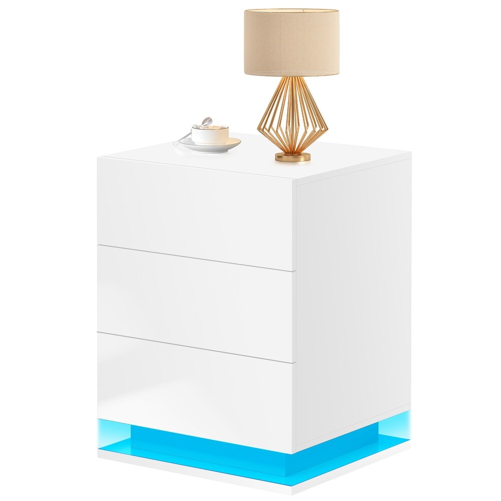 Moasis High Gloss 3 Drawers Nightstand with LED Lights