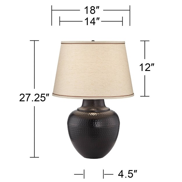 Tall Hammered Bronze Pot Beige Linen Drum Shade For Bedroom Living Room Bedside Nightstand