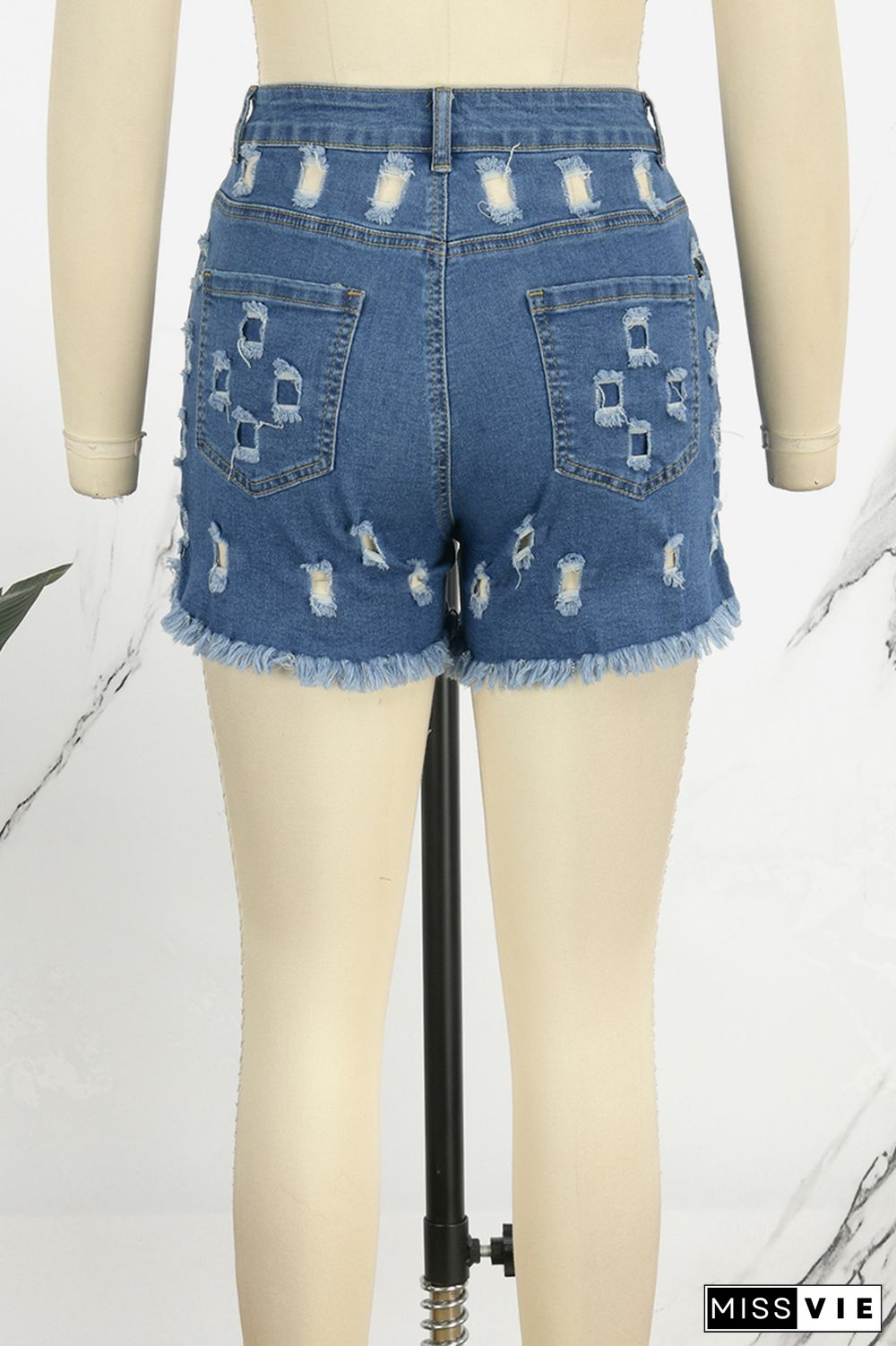 Deep Blue Street Solid Hollowed Out Pocket Buttons Zipper Mid Waist Skinny Denim Shorts