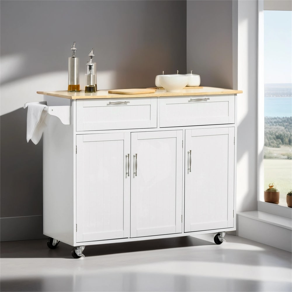 Mobile Kitchen Island  Kitchen Cart w/ Wood Top  Drawers   Towel Rack