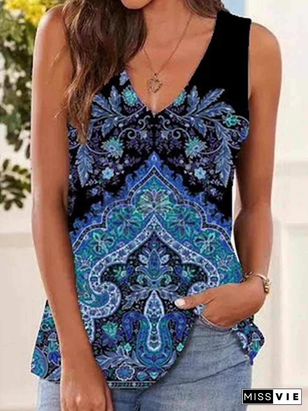 Women's Sleeveless V-neck Floral Printed Tops T-shirts