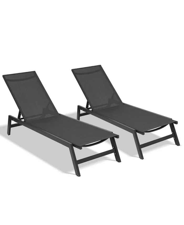 Simplie Fun Outdoor 2-Pcs Set Chaise Lounge Chairs Five-Position Adjustable Aluminum Recliner All Weather for Patio Beach Yard Pool ( Grey Frame  Black fabric)