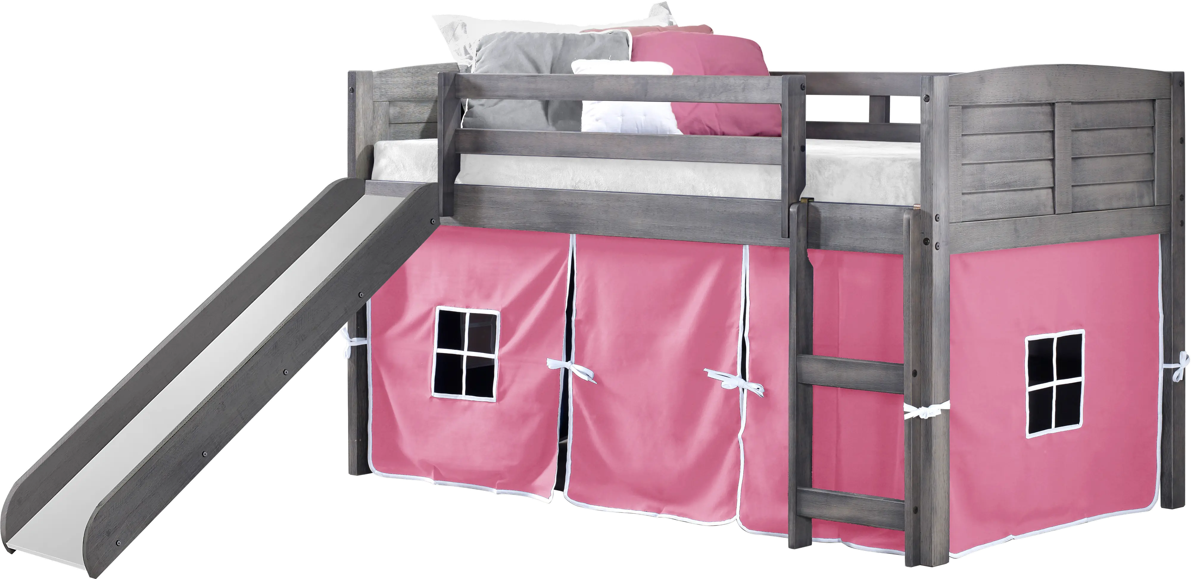 Louver Antique Gray Twin Loft Bed with Pink Tent and Slide