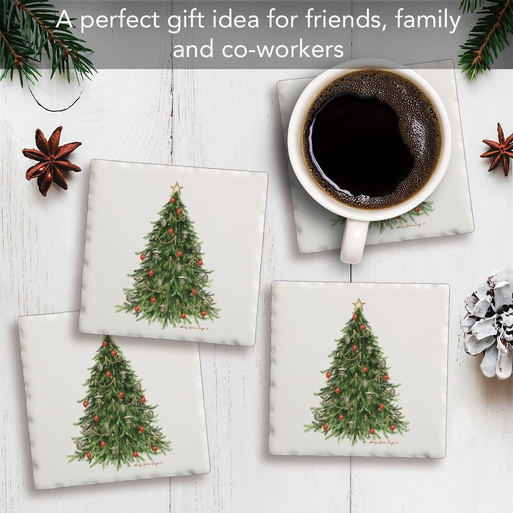 O' Christmas Tree Absorbent Stone Tumbled Tile Coaster 4 Pack with Protective Cork Backing Manufactured in The USA
