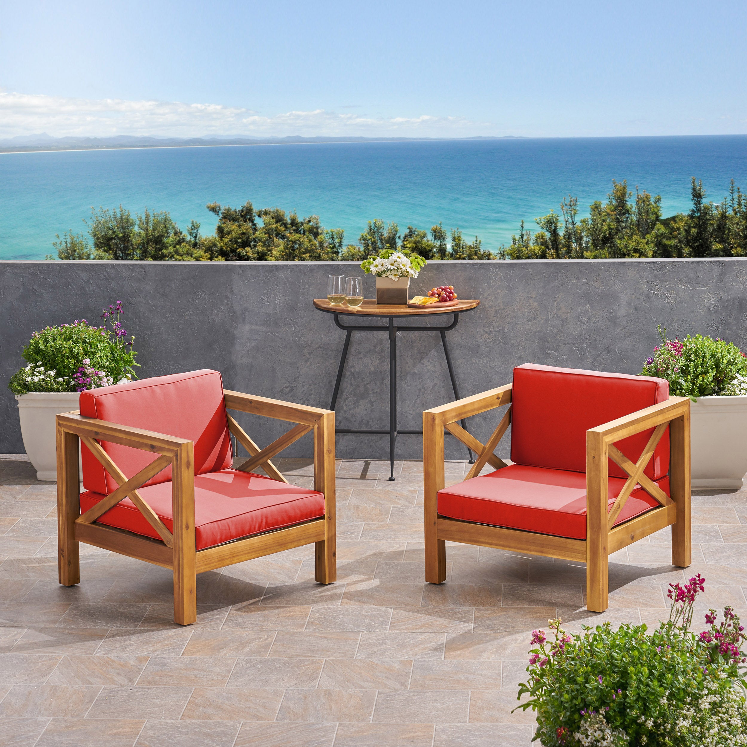 Indira Outdoor Acacia Wood Club Chairs with Cushions (Set of 2)