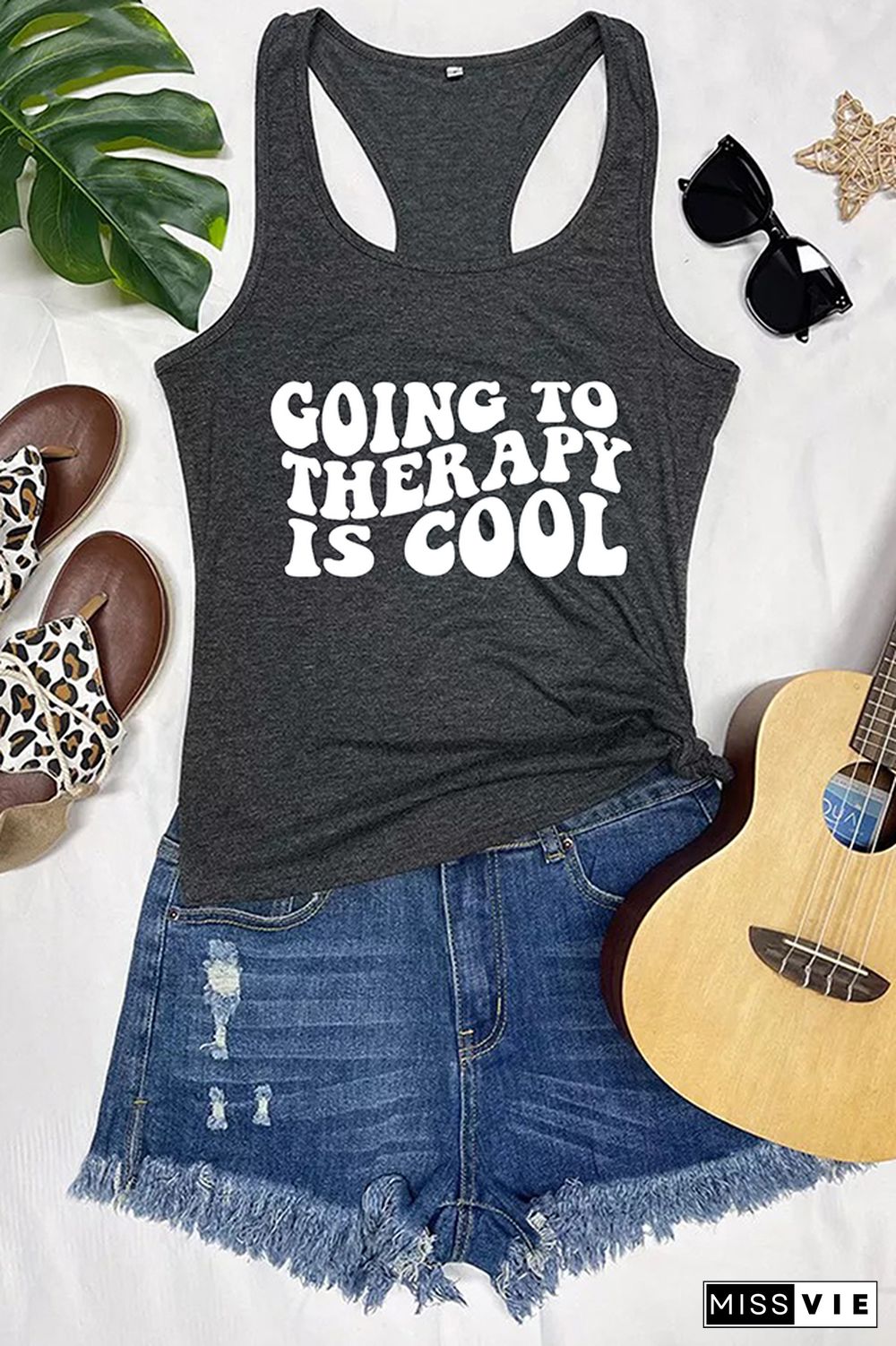 Going to Therapy is Cool Letter Print Graphic Tank Top