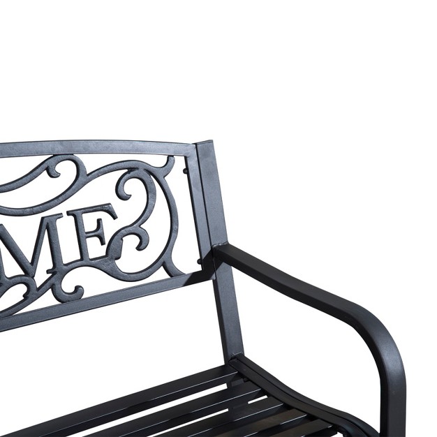 Outdoor Metal Welcome Bench Powder Coated Cast Iron Sign amp Steel Frame 2 Person Bench With Antique Vine Motifs amp Slatted Seat Black