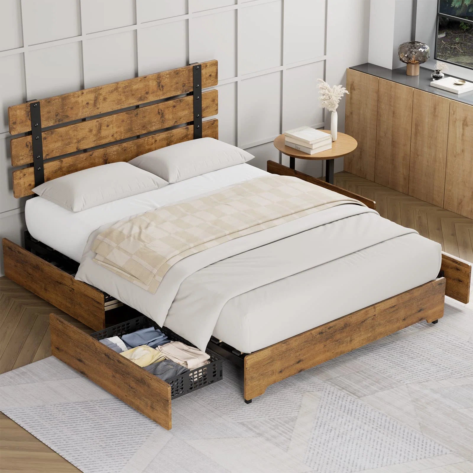 Homfa Queen Bed Frame with 4 Storage Drawers, Noise-Free Metal Platform Bed Frame with Industrial Headboard and Footboard, Rustic Brown