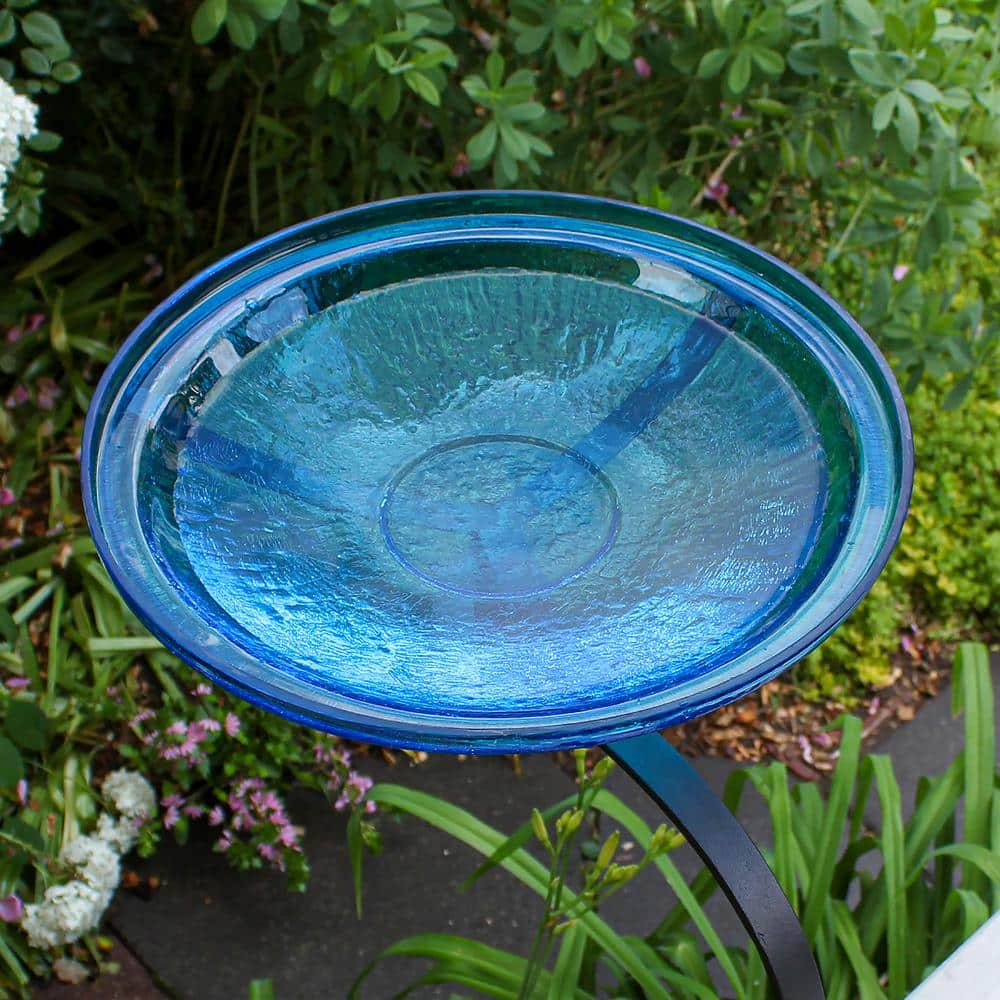 ACHLA DESIGNS 14 in. Dia Teal Blue Reflective Crackle Glass Birdbath Bowl with Rail Mount Bracket CGB-14T-RM