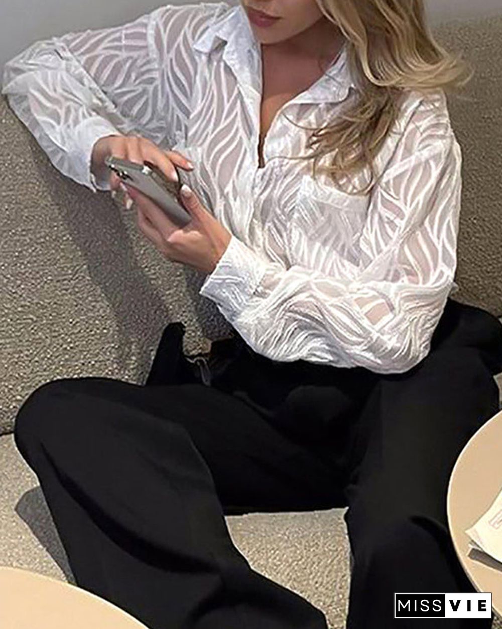 Casual Chiffon Shirt Sheer Textured Shirt Top