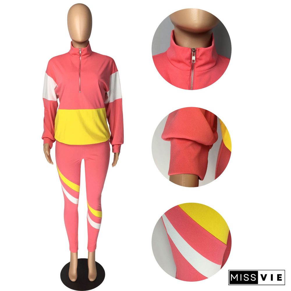 Fashion Color Spliced Hoodie Sport Pants Two-piece Set