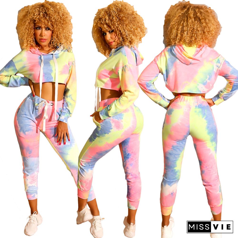 Tie Dye Print Hooded Crop Top Skinny Pants Set