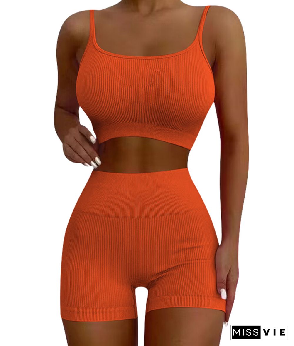 Workout Spaghetti Strap Crop Tops Biker Shorts Set