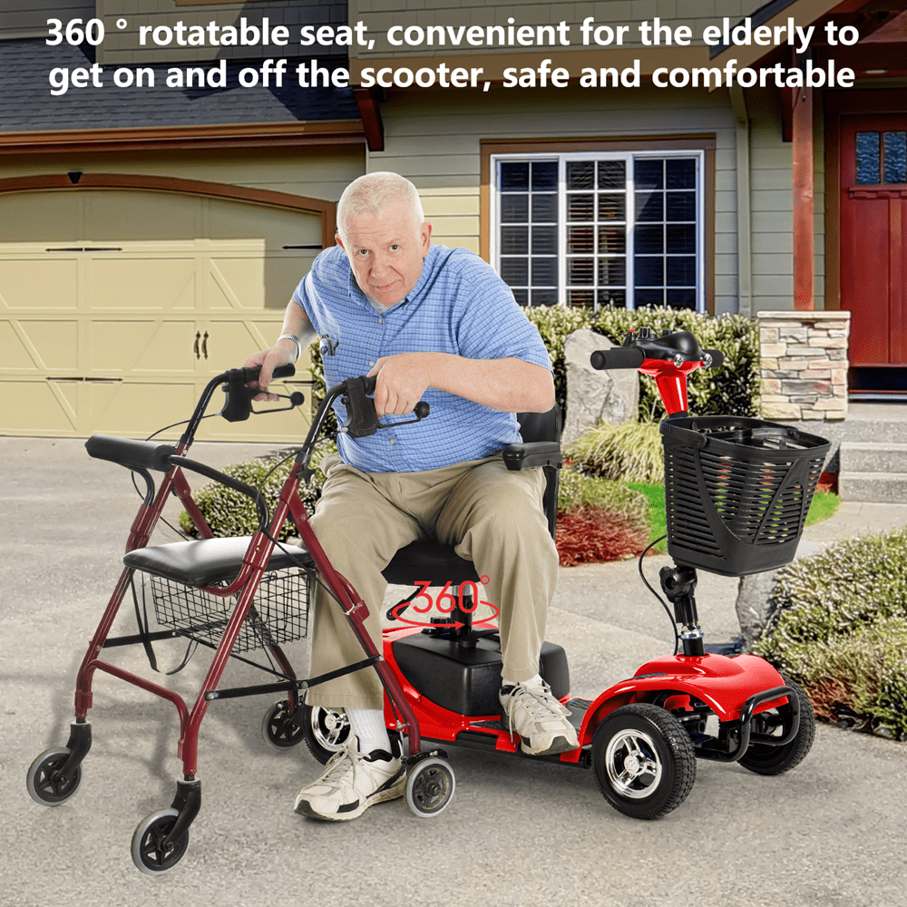 Mobility Scooter 4 Wheel Electric Mobility Scooter Folding Mobile Wheelchair w/Basket for Seniors Adult,Max Weight 300 lbs,Red