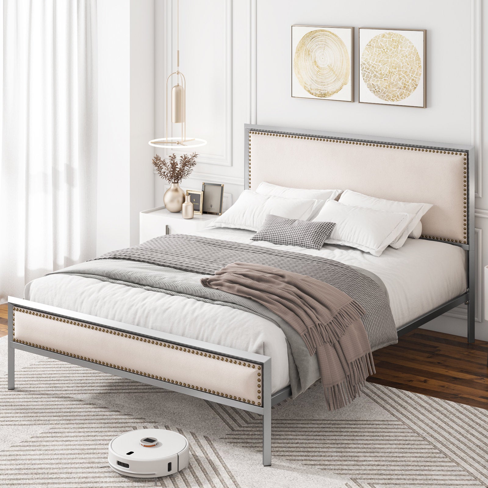 Homfa Queen Size Bed Frame, Modern Metal Framed Bed with Button Linen Tufted Upholstered Headboard, Wooden Slat Support, Sliver