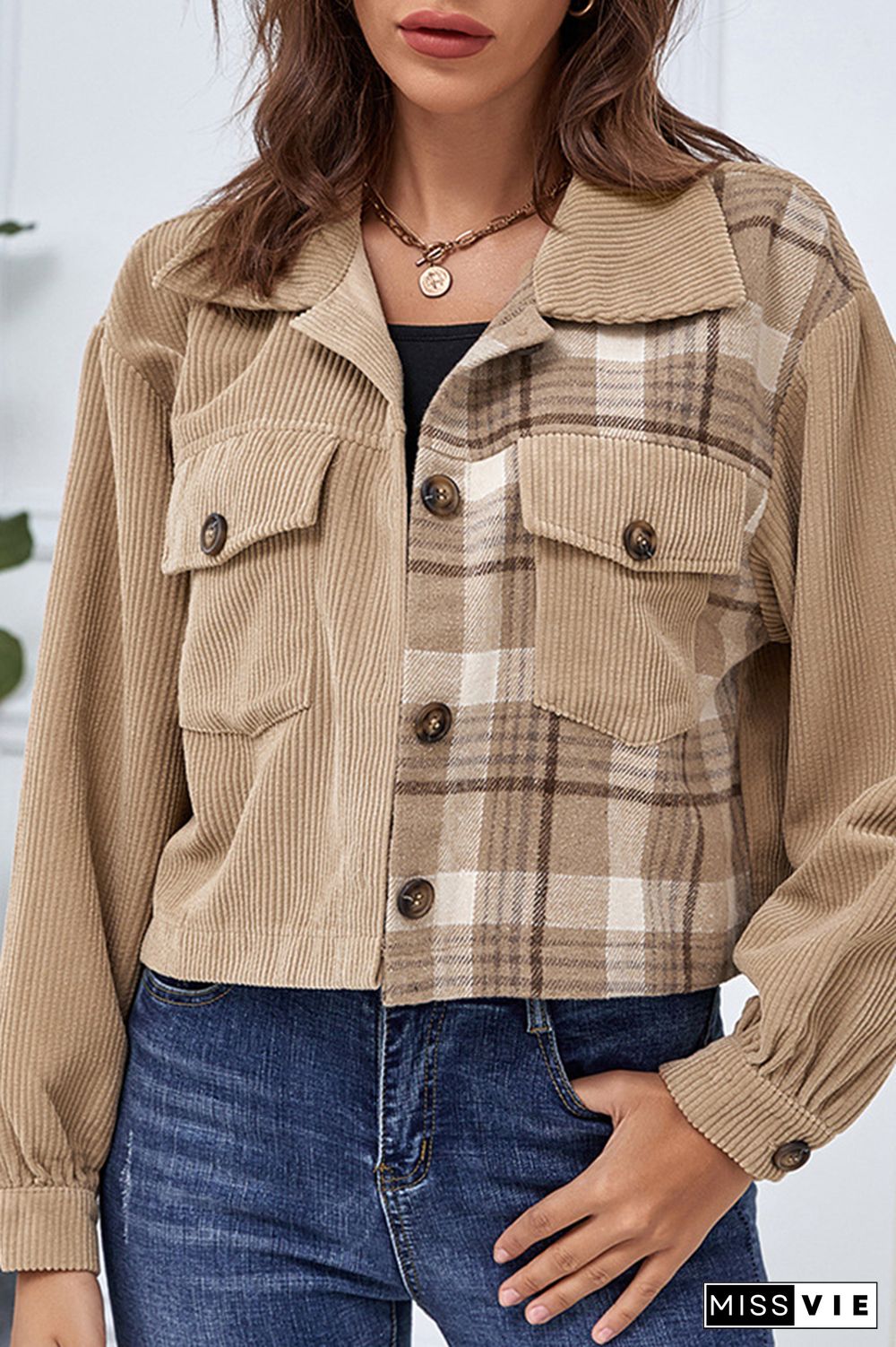 Plaid Corduroy Splicing Buttons Up Pocketed Shacket Crop Jacket Women Wholesale