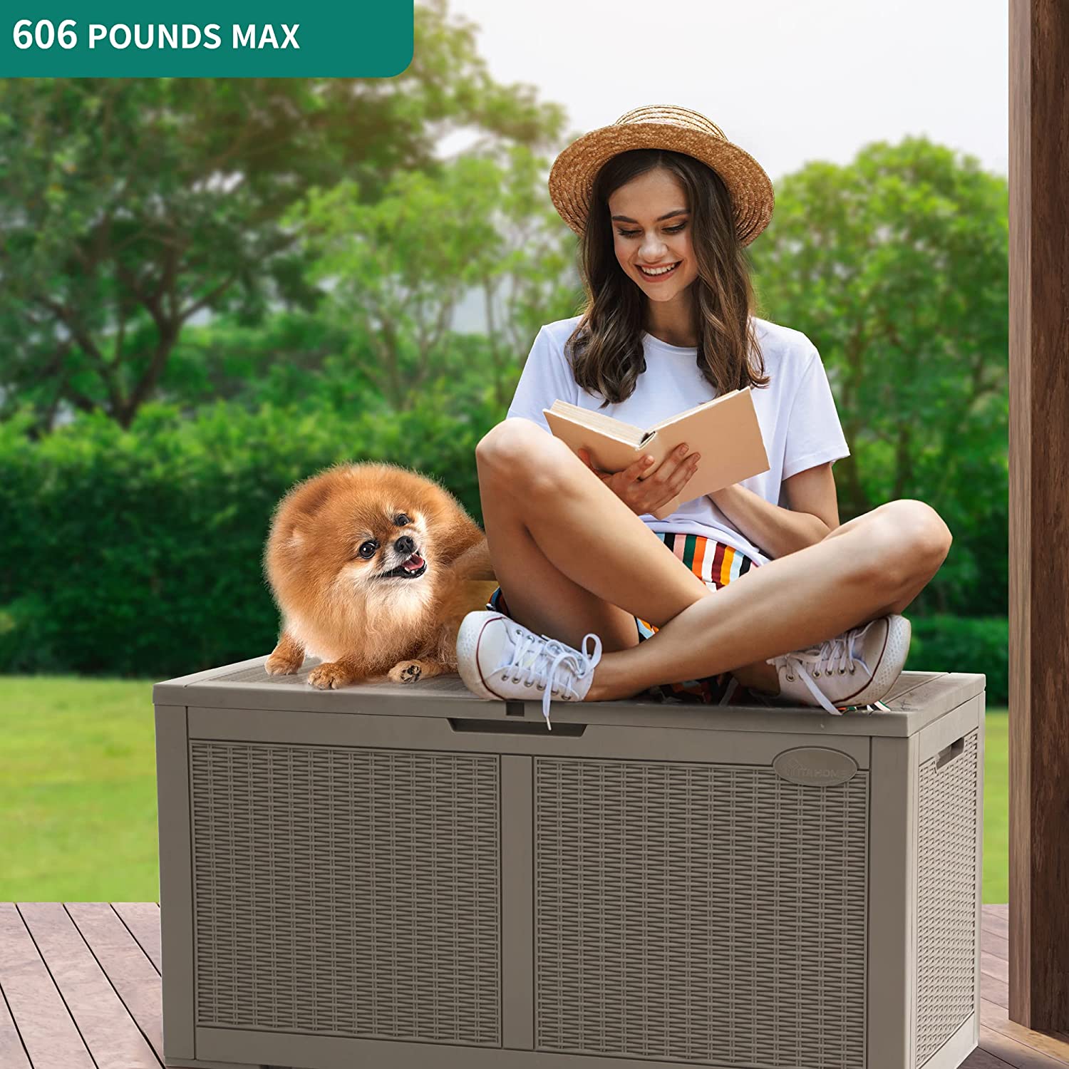 YITAHOME 100 Gallon Large Deck Box Upgrade Resin Outdoor Storage Boxes, Waterproof Patio Cushion Storage Bench for Patio Furniture, Pillows, Pool Supplies, Garden Tools- Rattan,Lockable (Light Brown)