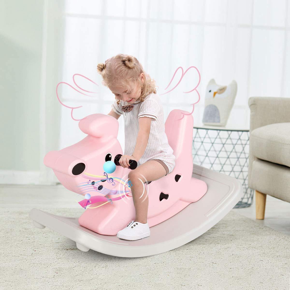 BABY JOY Kids Rocking Horse,Ride-on Horse for Toddlers with Music & Lights (Pink)