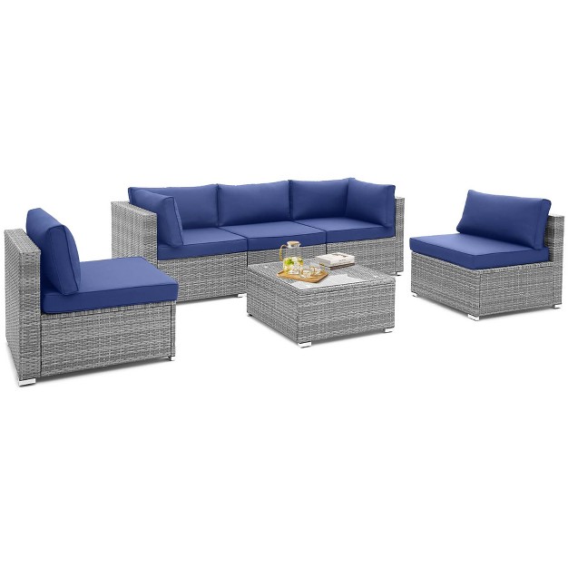 Costway 6 Pcs Patio Conversation Sofa Set Outdoor Rattan Furniture Cushioned Seat Navy