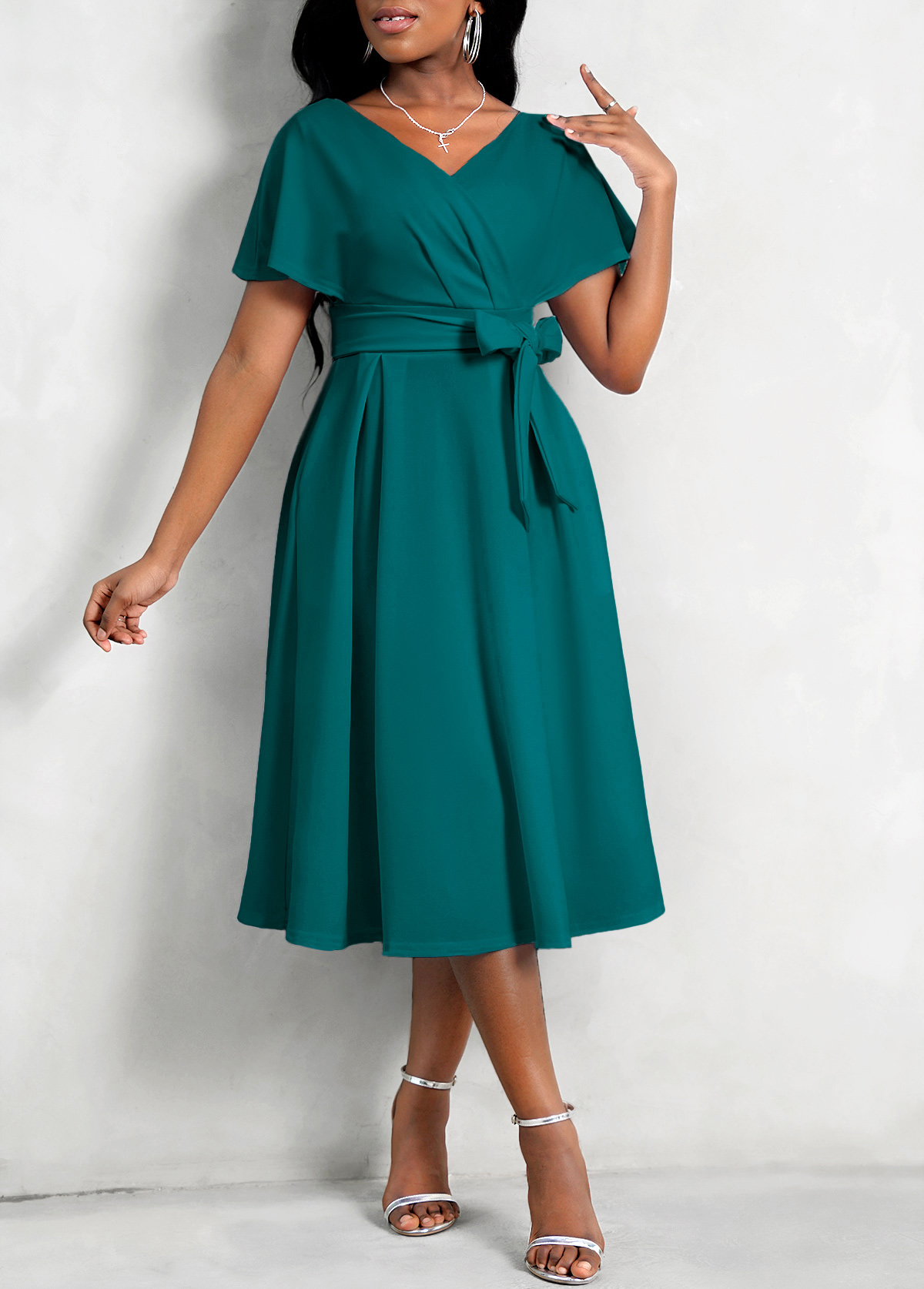 Cross Front Belted Short Sleeve Dress