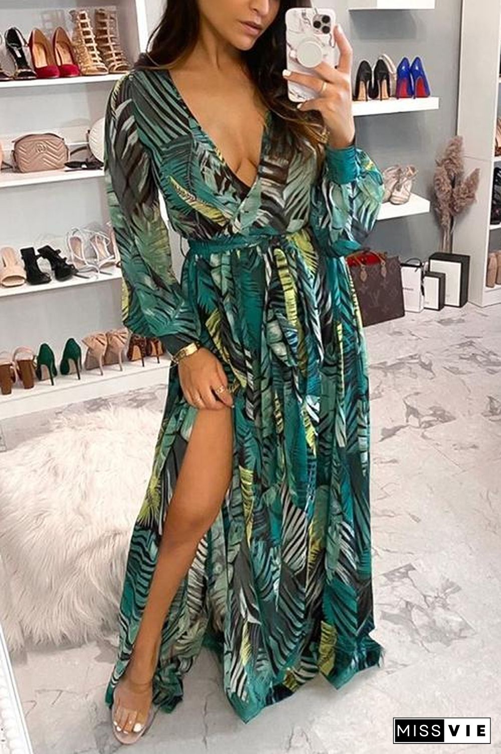 Leaf Print Belted Wrap Long Sleeve Maxi Dress