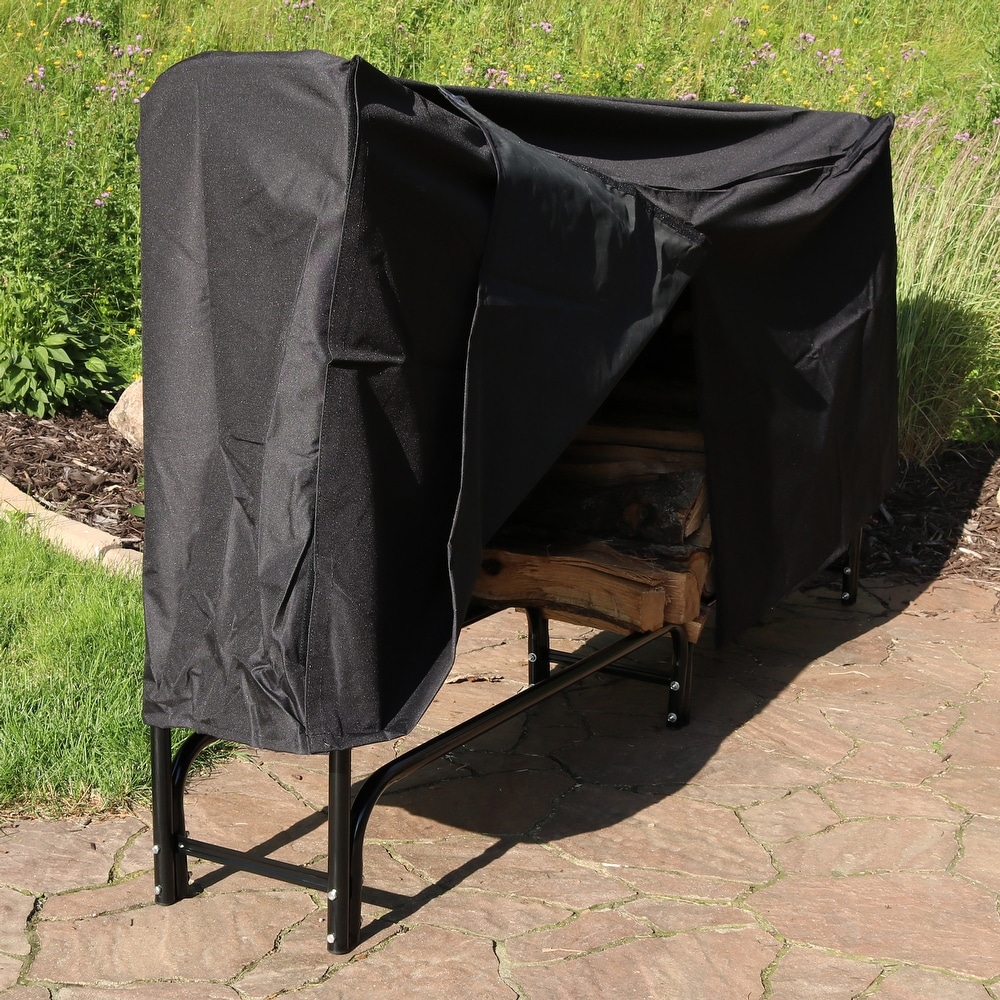 Sunnydaze Black Outdoor Waterproof Firewood Log Rack and Cover   8 Foot