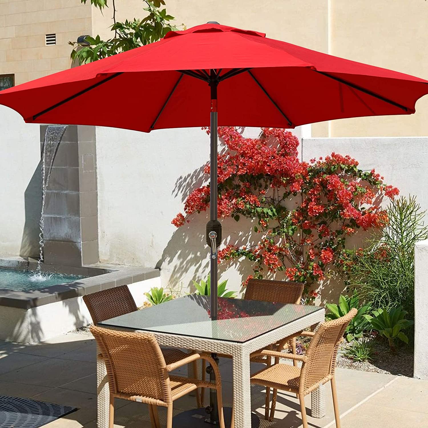 9' Outdoor Market Patio Umbrella with Push Button Tilt and Crank, 8 Ribs (Tan)