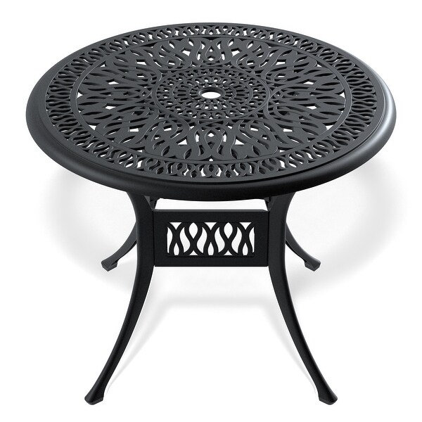 Outdoor Cast Aluminum Patio Round Dining Table with Black Frame and Umbrella Hole