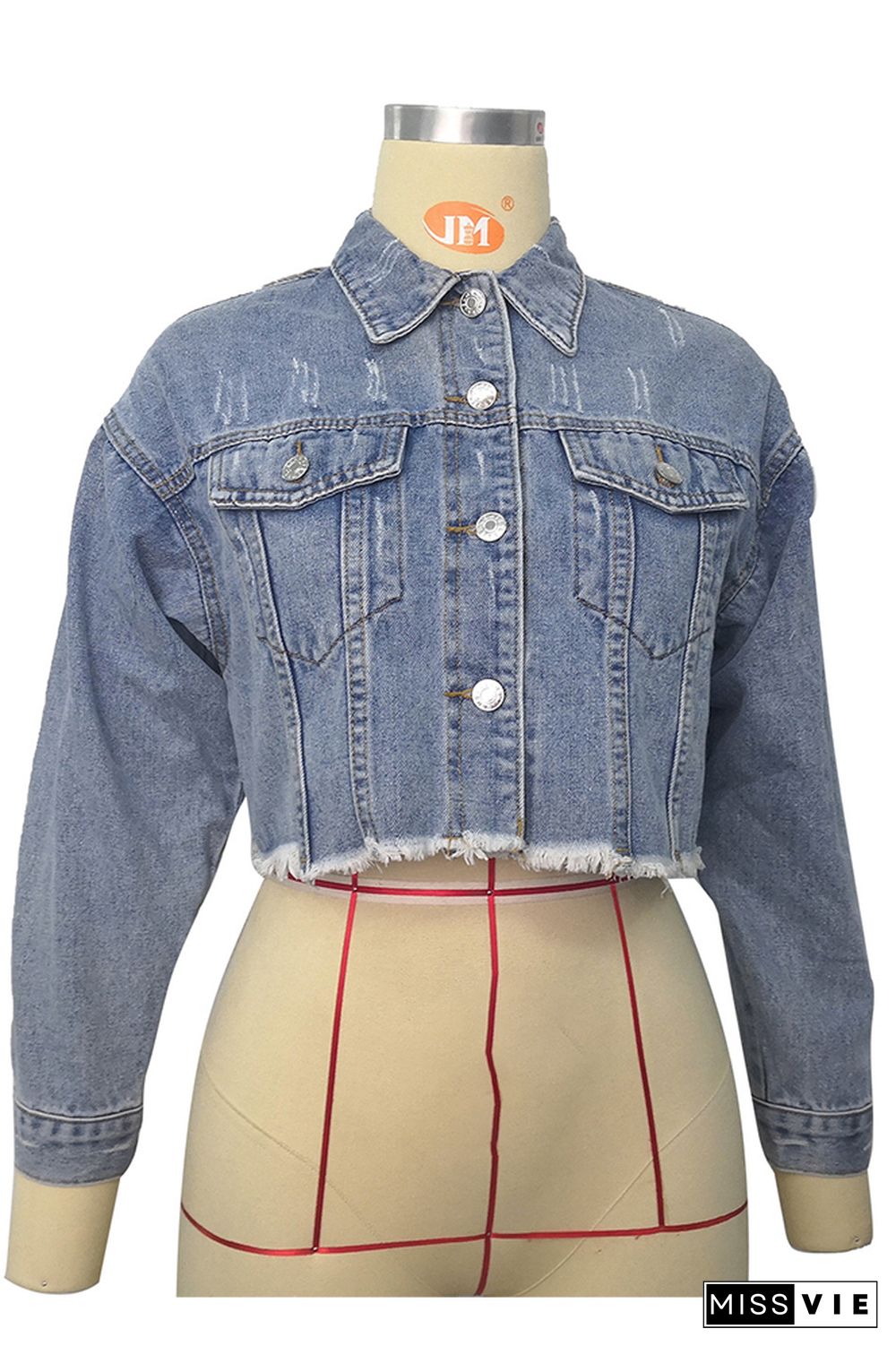 Buttons Front Raw Hem Ripped Crop Denim Jacket Women Wholesale