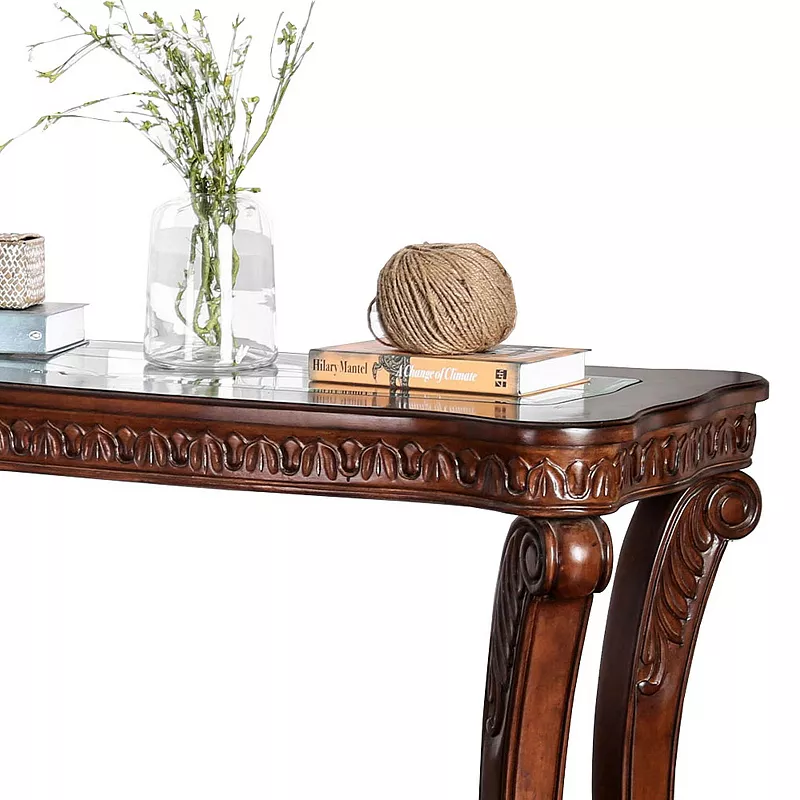 Traditional Sofa Table with Cabriole Legs and Wooden Carving， Brown