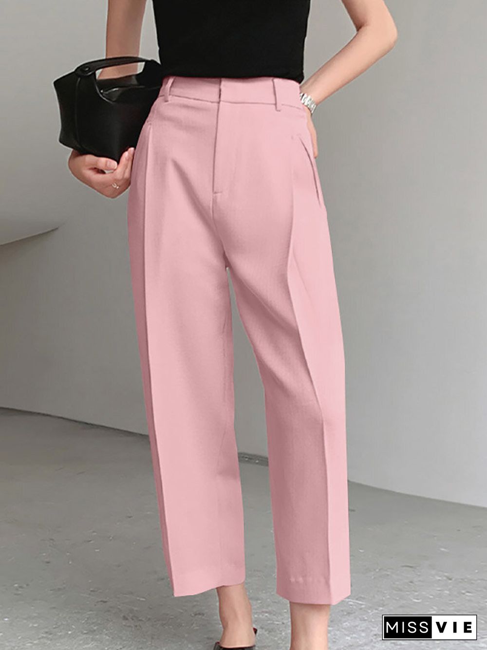 Solid Pocket Straight Leg Crop Pants For Women