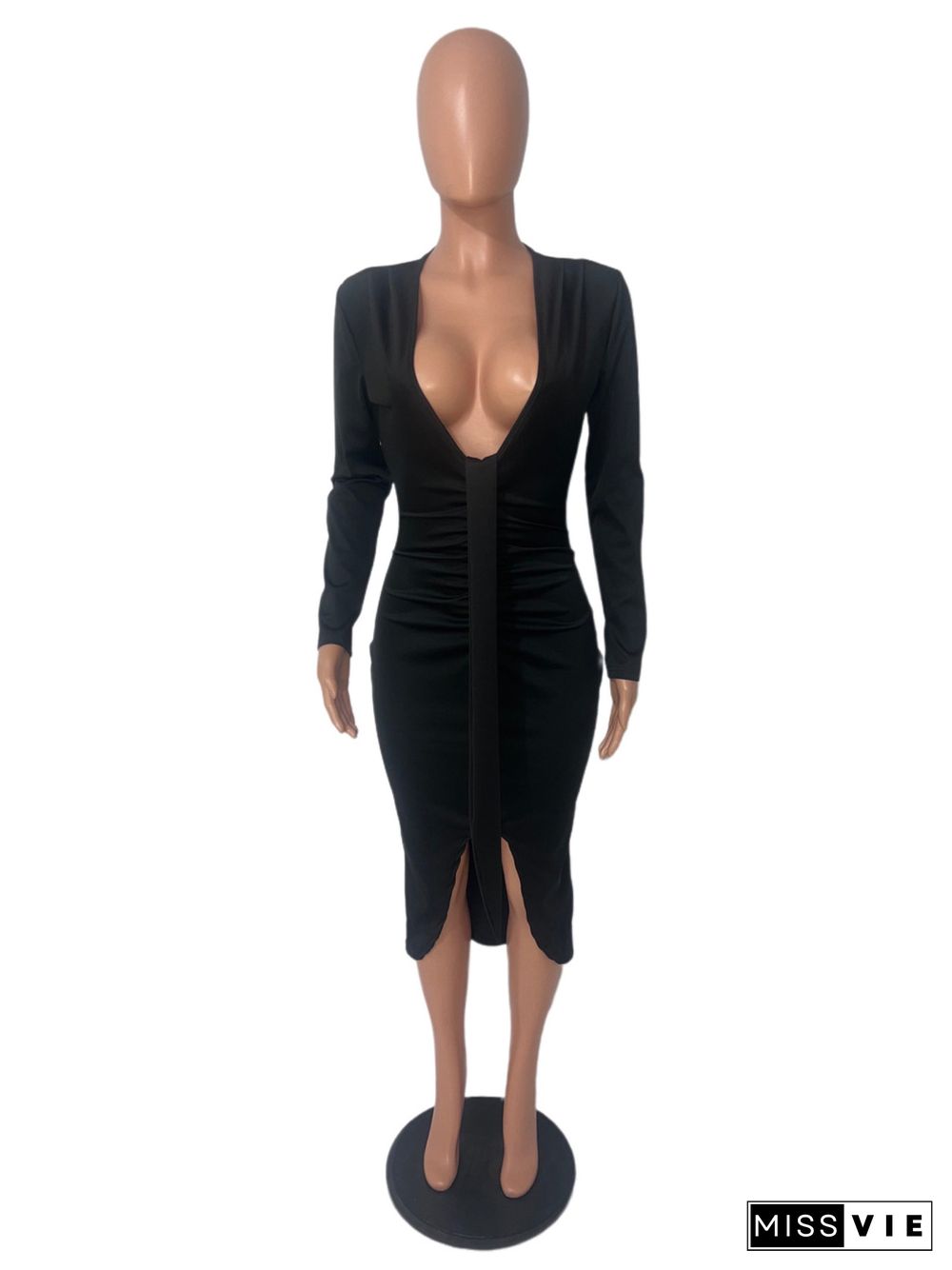 Deep V Long Sleeve Ruched Slit Pencil Dresses