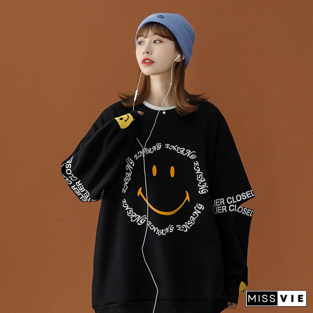 Smiley Letters Print Loose Sweatshirt