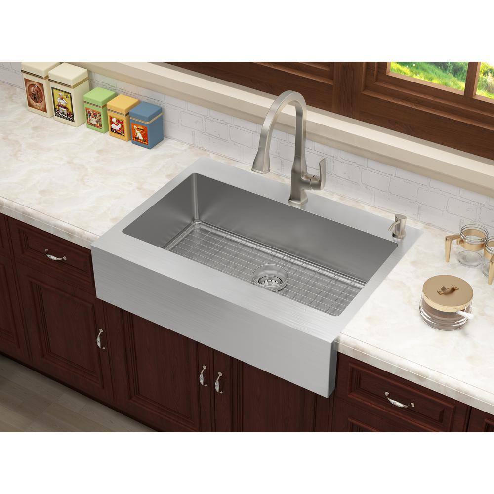 Glacier Bay Retrofit Drop-In Stainless Steel 33 in. 2-Hole Single Bowl Flat Farmhouse Apron Front Kitchen Sink 302-7352