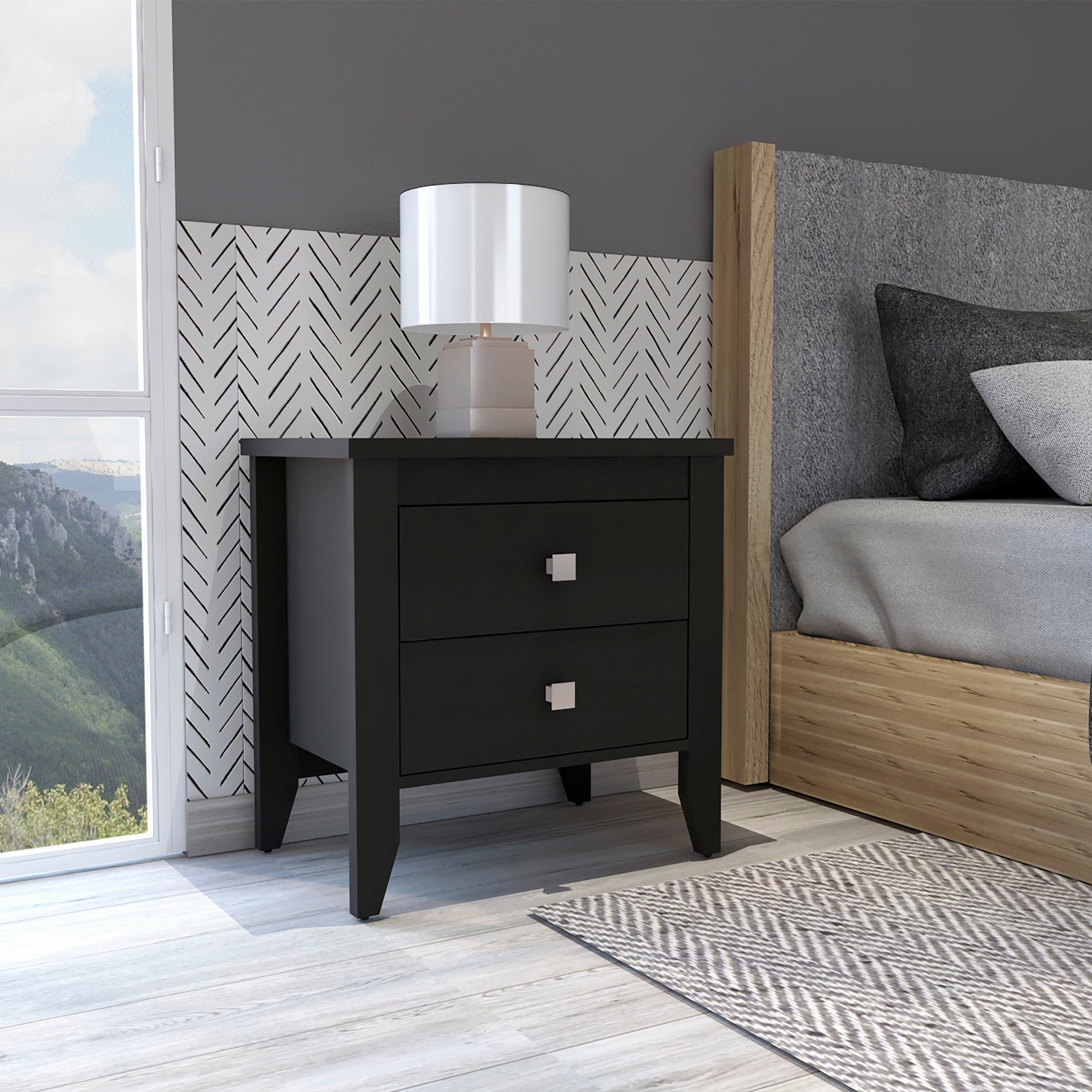 Contemporary Style 2-Drawers 4-Tapered Legs Bedside Table， Superior Top， Simplicity Nightstand， for Bedroom Living Room Office - - 37846972