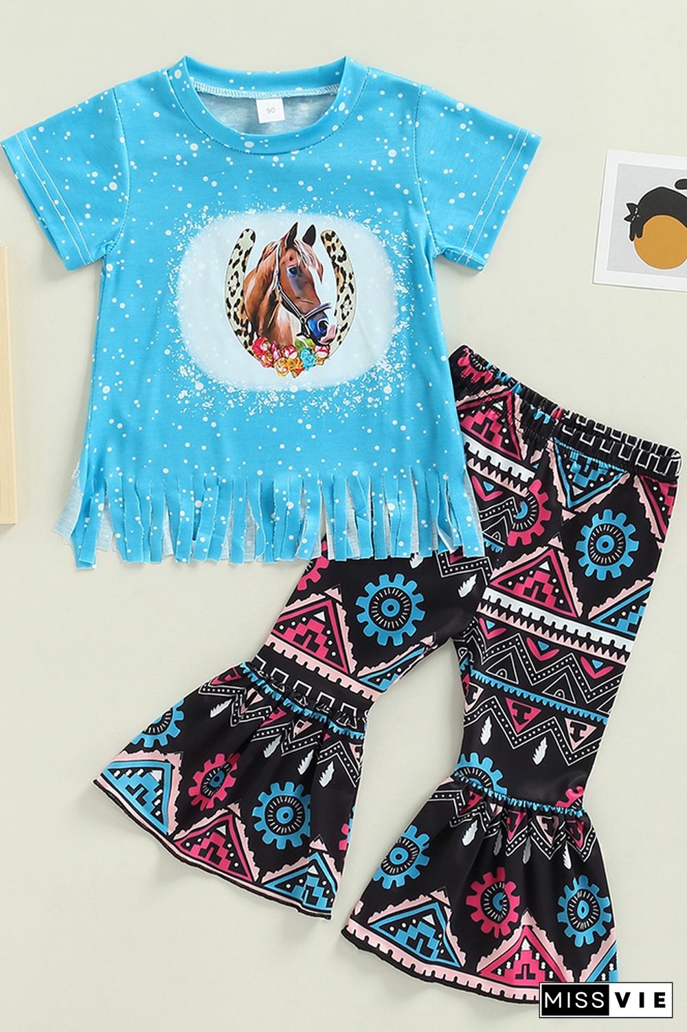 Cartoon Pattern Tassel Top & Flare Pants 2PCS Set Wholesale