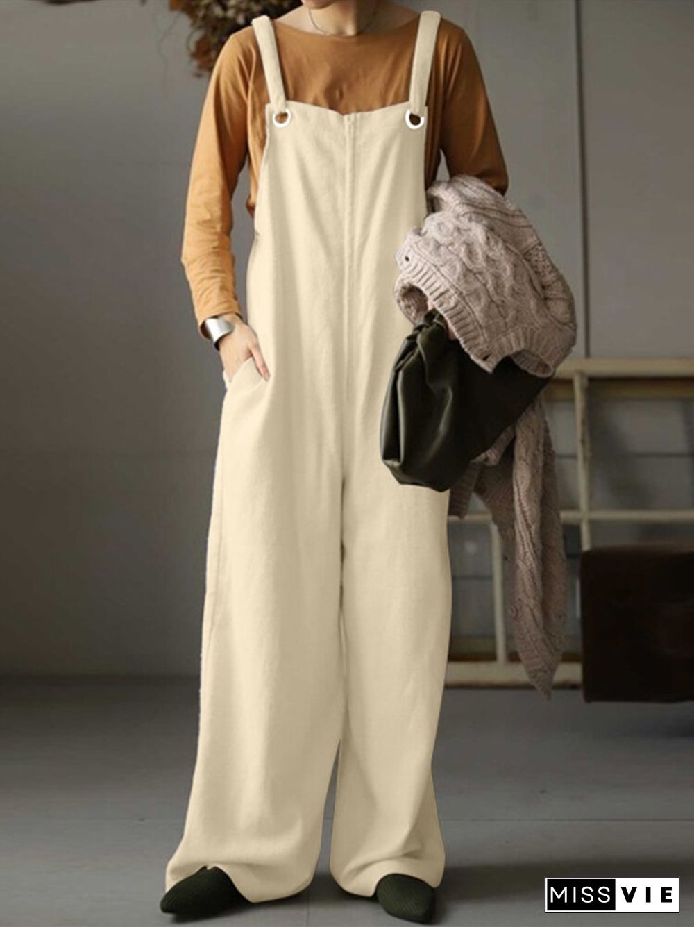 Solid Pocket Adjustable Strap Loose Wide Leg Jumpsuit Women