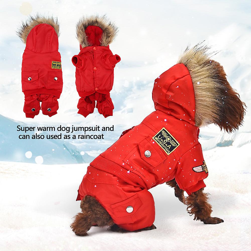 Fashionable Hooded Pet Jumpsuit Warm Waterproof Dogs Puppies Clothes Winter Coat Red M