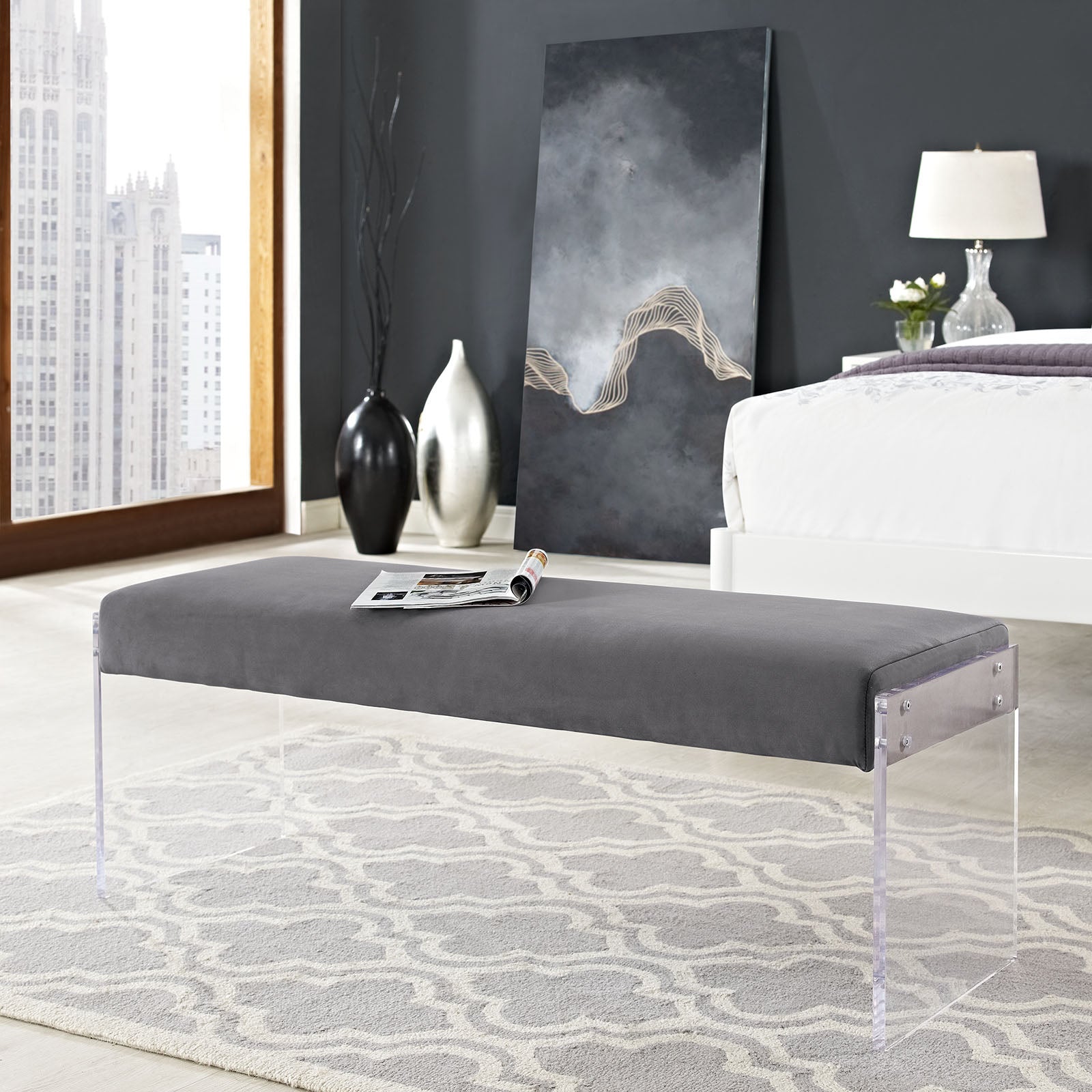 Modern Contemporary Urban Design Bedroom Living Room Bench, Grey Gray, Fabric Velvet