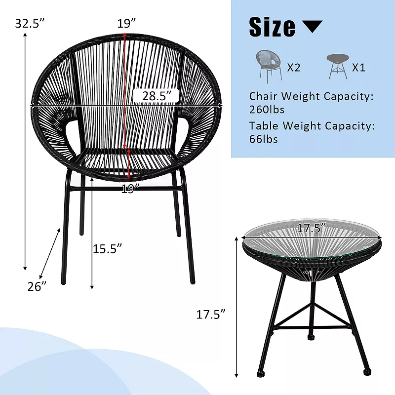 3 PCS Patio Acapulco Furniture Bistro Set with Glass Table