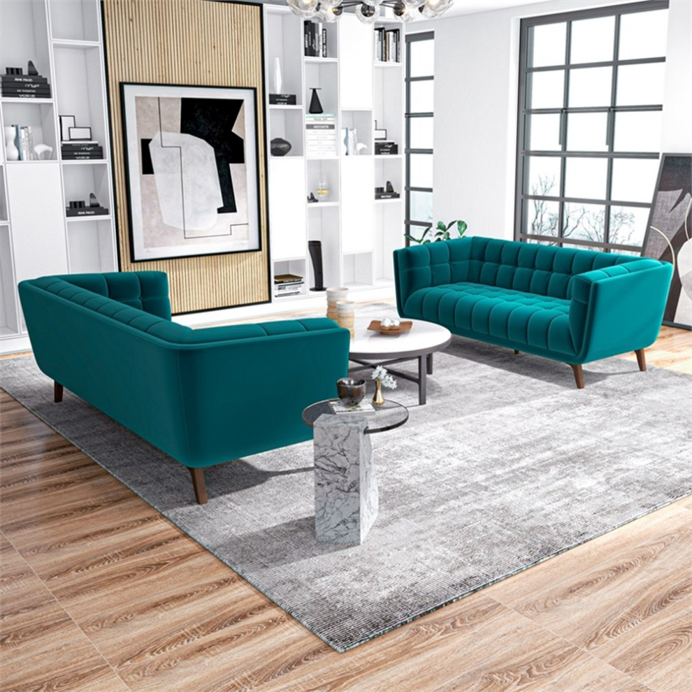 Keyman Mid Century Pillow Back Velvet Sofa Set in Turquoise   Midcentury   Living Room Furniture Sets   by Homesquare  Houzz