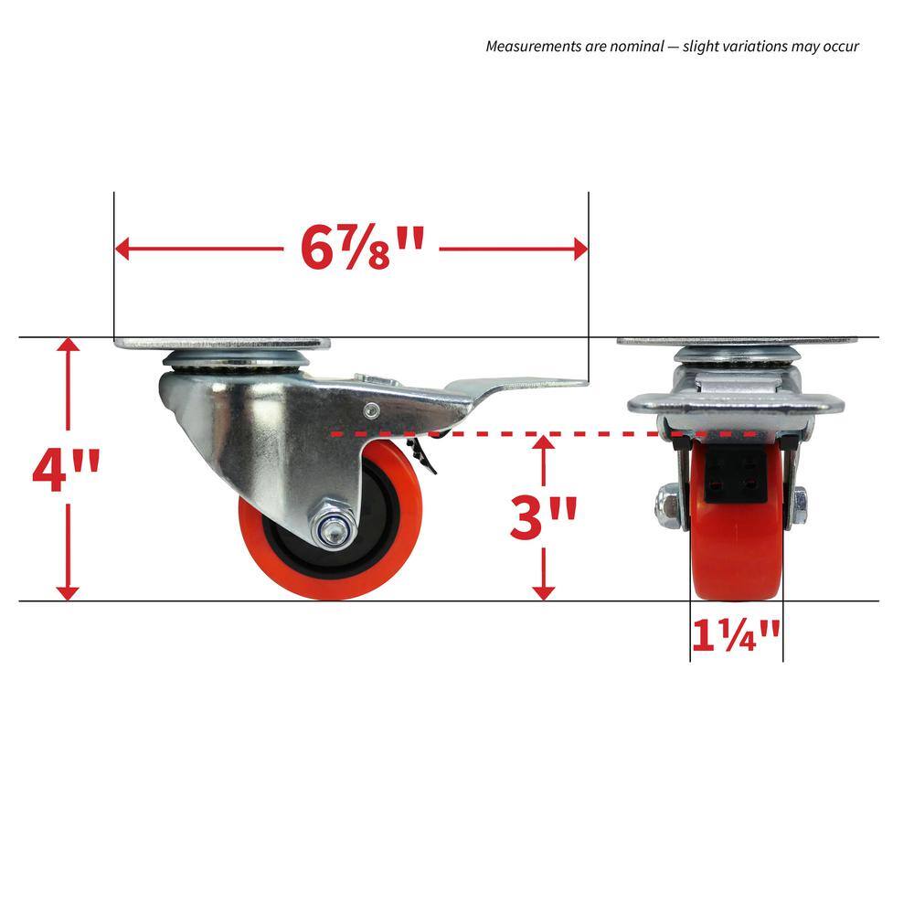 Everbilt 3 in. Red Polyurethane and Steel Swivel Plate Caster with Locking Brake and 175 lb. Load Rating 4120545EB