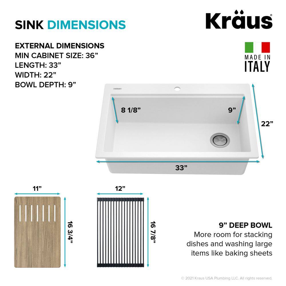 KRAUS Bellucci Workstation 33 in. Drop-In Granite Composite Single Bowl Kitchen Sink in White with Accessories KGTW1-33WH