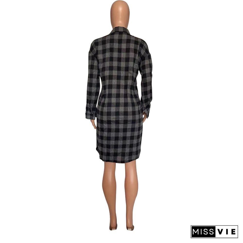 Plaid Print Long Sleeve Shirt Midi Dress