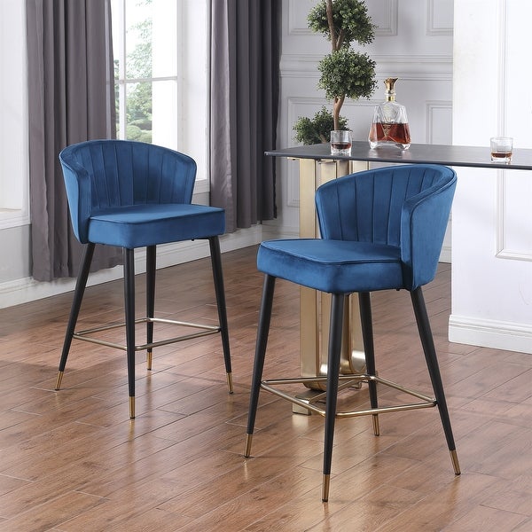 Velvet Upholstered Bar Stool Tufting Tipped Black Metal Leg (Set of 2)