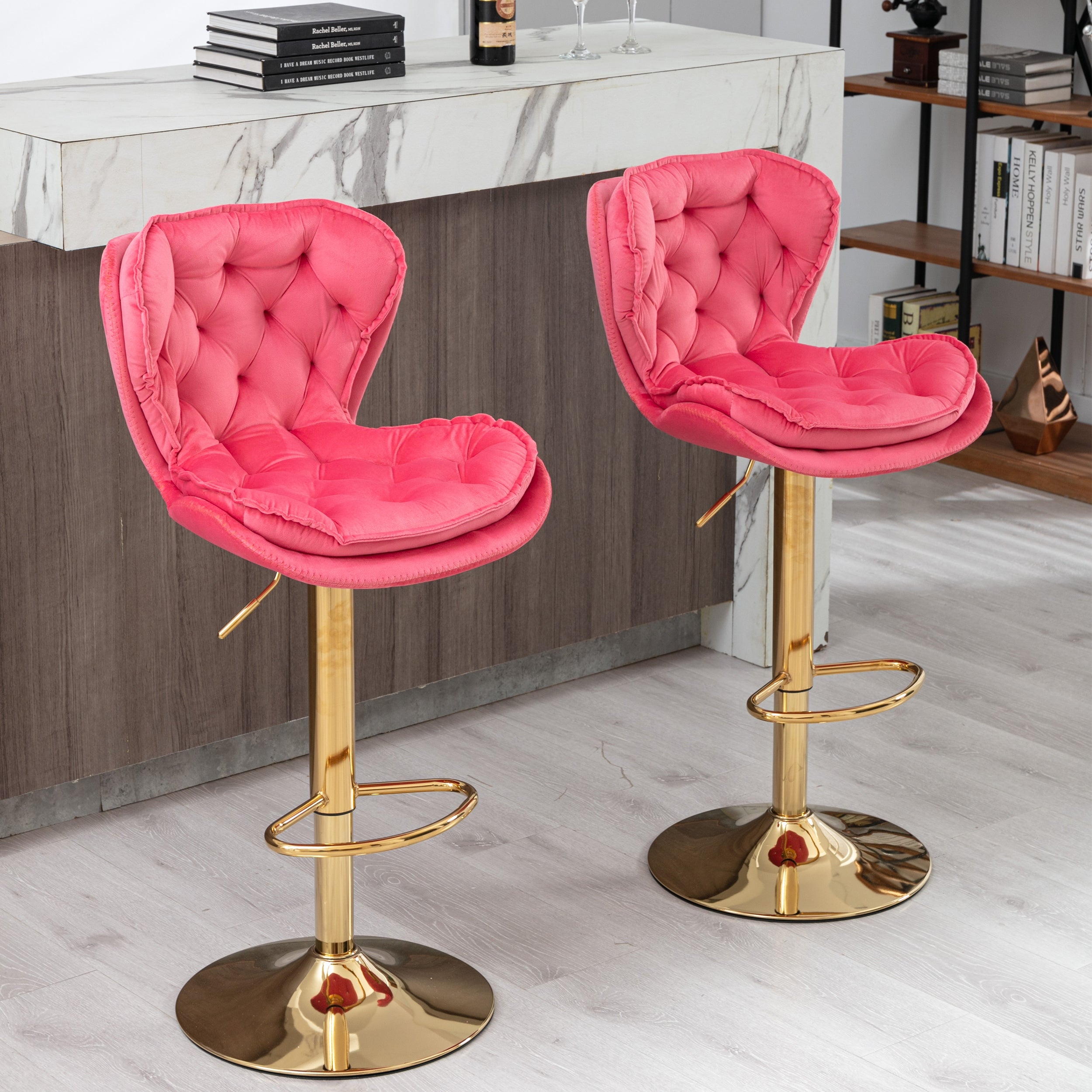 2 Modern Adjustable Counter Height Bar Stools， Velvet Upholstered Stool with Tufted High Back Chrome Golden Base， Black