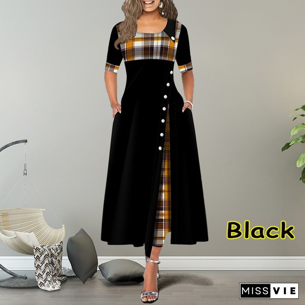 New Women Short Sleeve Plaid Print Elegant Dress Comfy Round Neck High Waist Long Skirt Retro Button Design Maxi Dress Daily Casual Dress Plus Size