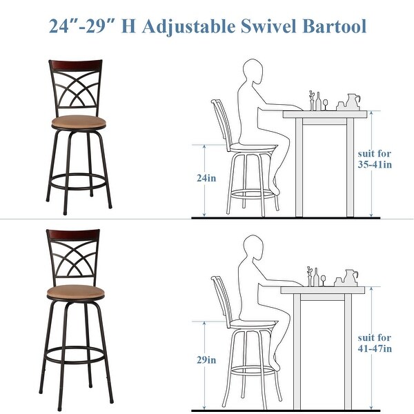 Bar Stools Adjustable Height Swivel Seat， Wood Top Rail Backrest， Set of 2