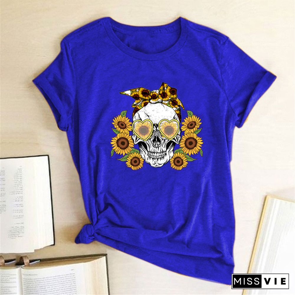 Skull Sunflowers Print T-shirts Women Summer Graphic Tees Gothic ShirtsFor Women Loose Aesthetic Clothes Ropa Mujer