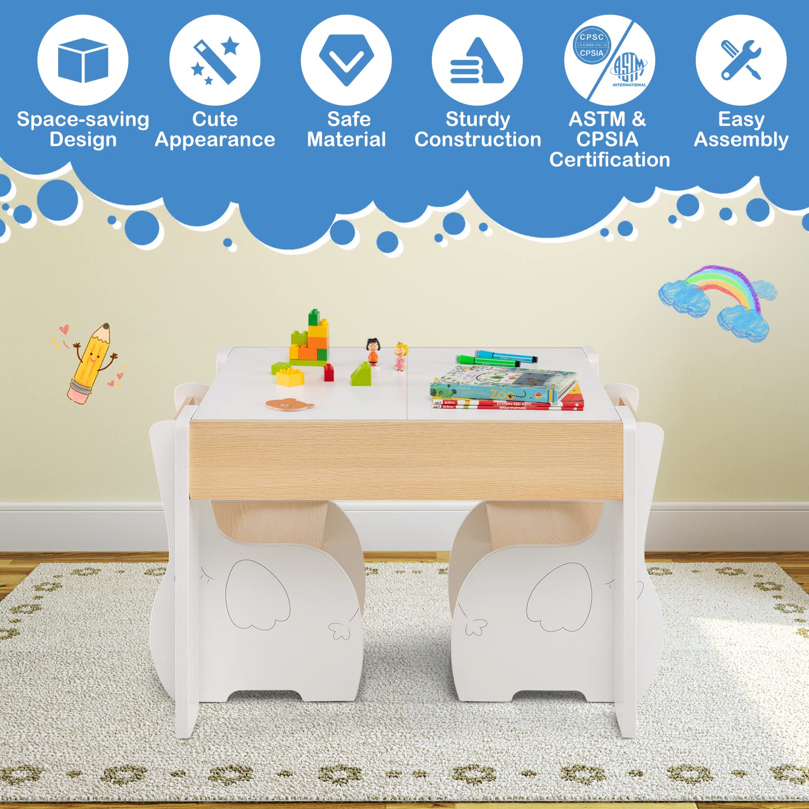 Costzon Kids Table and Chair Set, 4 in 1 Wooden Activity Table & 2 Chairs